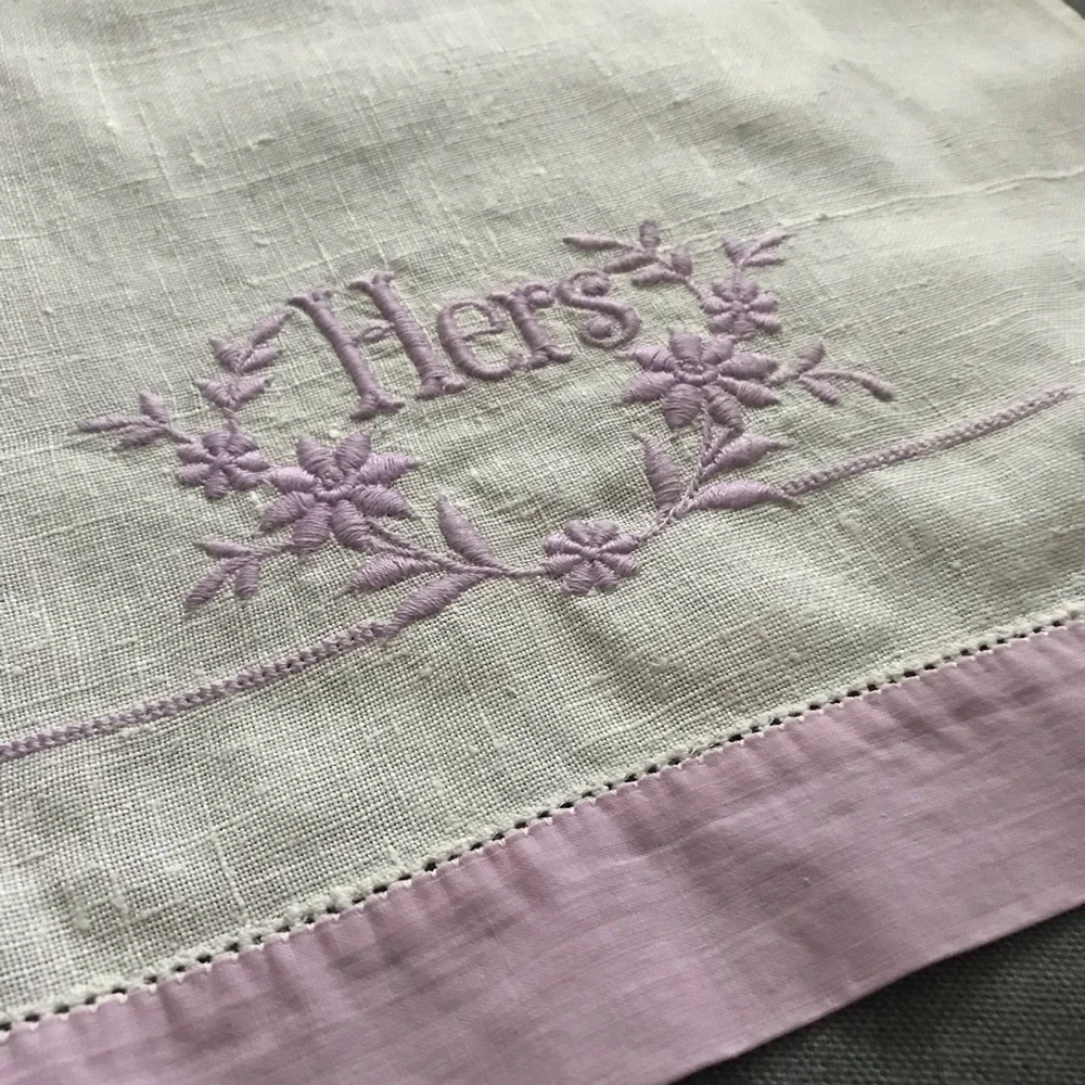 Vintage Embroidered His and Hers Linen Towels - white and lavender
